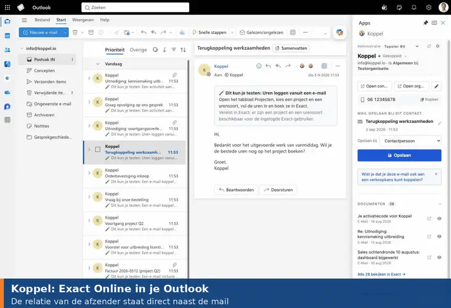 Animatie: in Outlook wordt een e-mail geopend, waarna het Koppel-paneel de bijbehorende relatie uit Exact Online toont met de documenten, uren en verkoopkansen.